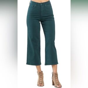 JUDY BLUE Hailey Women's High Waisted Cropped Wide Leg Jeans In Hunter Green 🎄